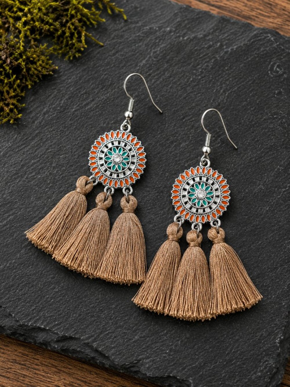 Bohemian Flower Tassel Fringe Drop Earrings Tan - Picture 6 of 6